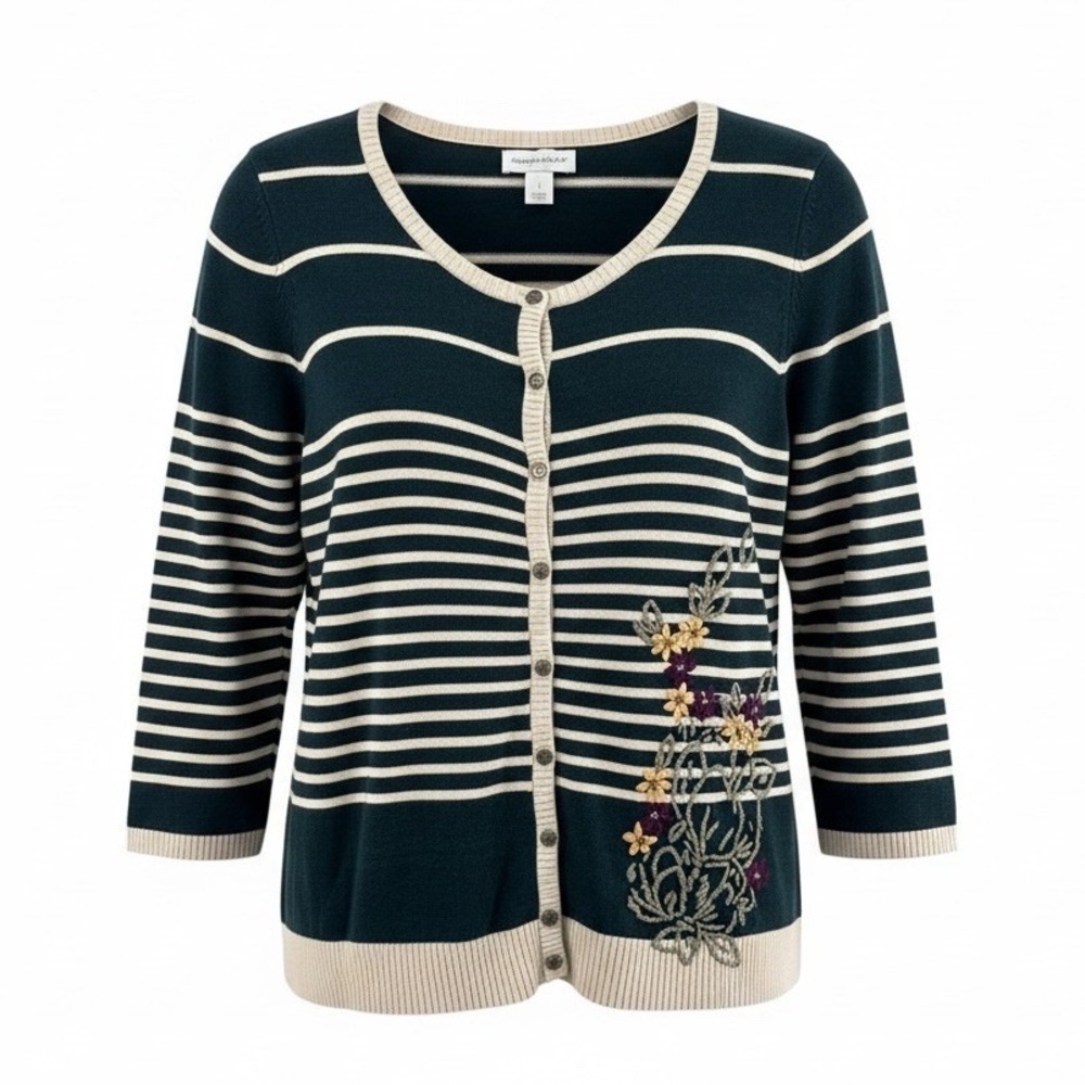 Christopher & Banks Sweater, Womens Small, Greenish Blue Tan Half Sleeve Floral